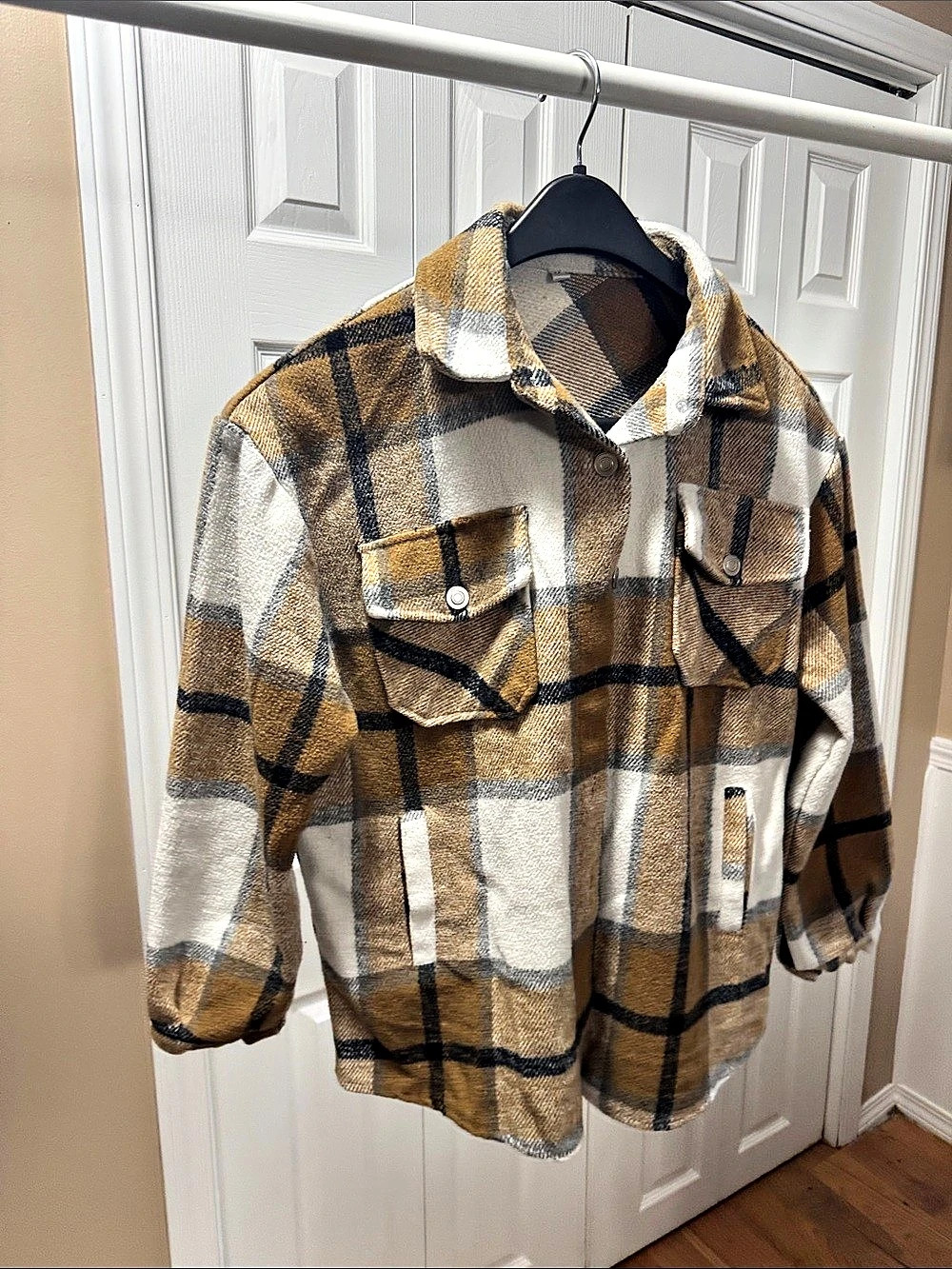SHEIN Plaid Shacket in Brown & White